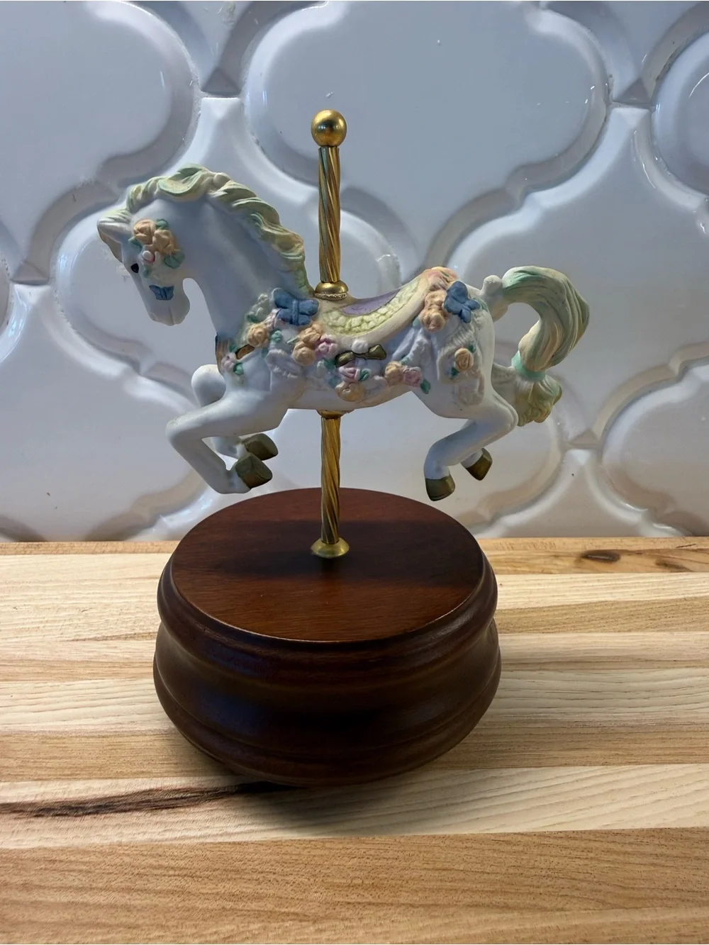 Vintage Porcelain Carousel Horse Music Box Wind Up Plays The Carousel Waltz